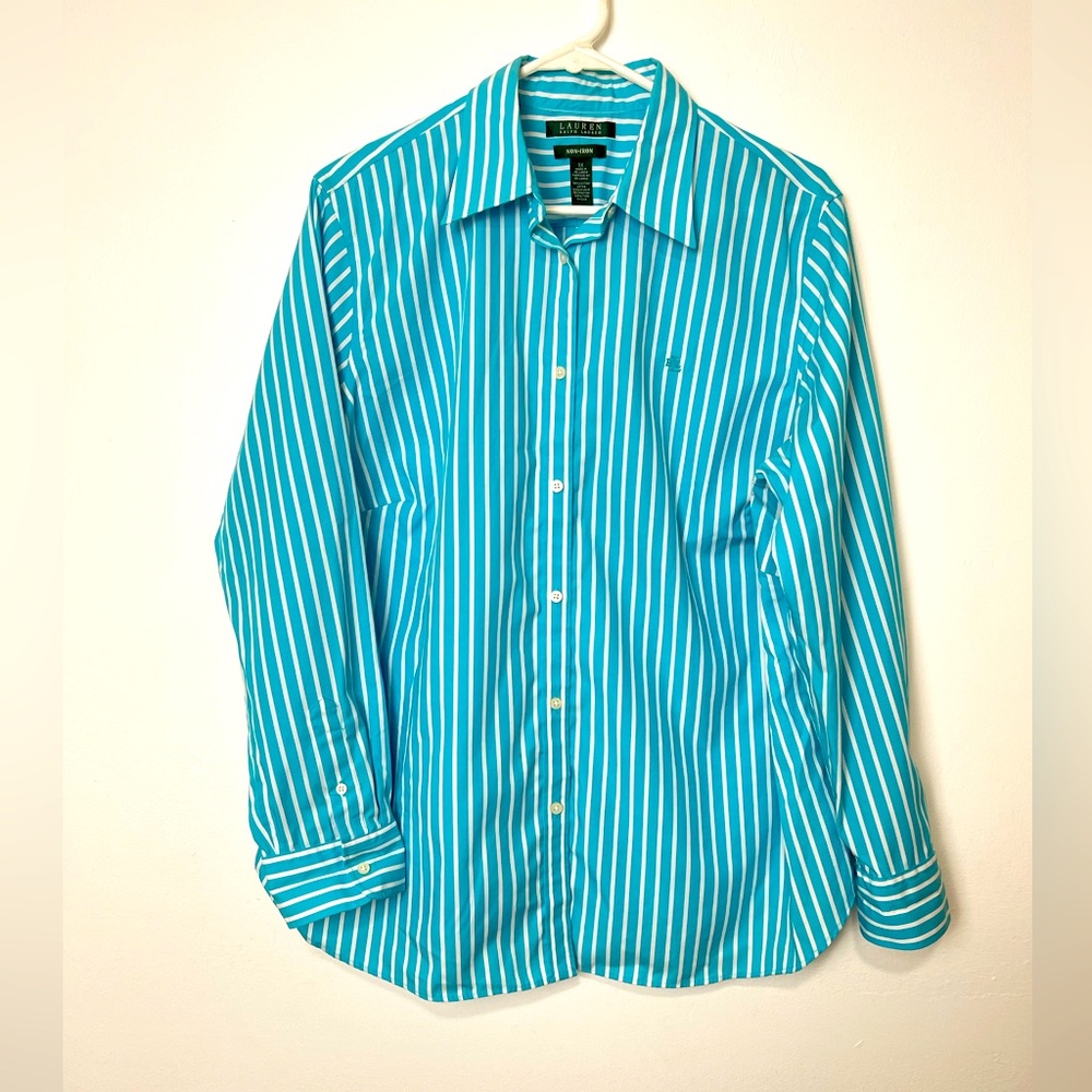 Ralph Lauren Turquoise Stripe Long Sleeves Button Up Shirt Women’s Size 1X